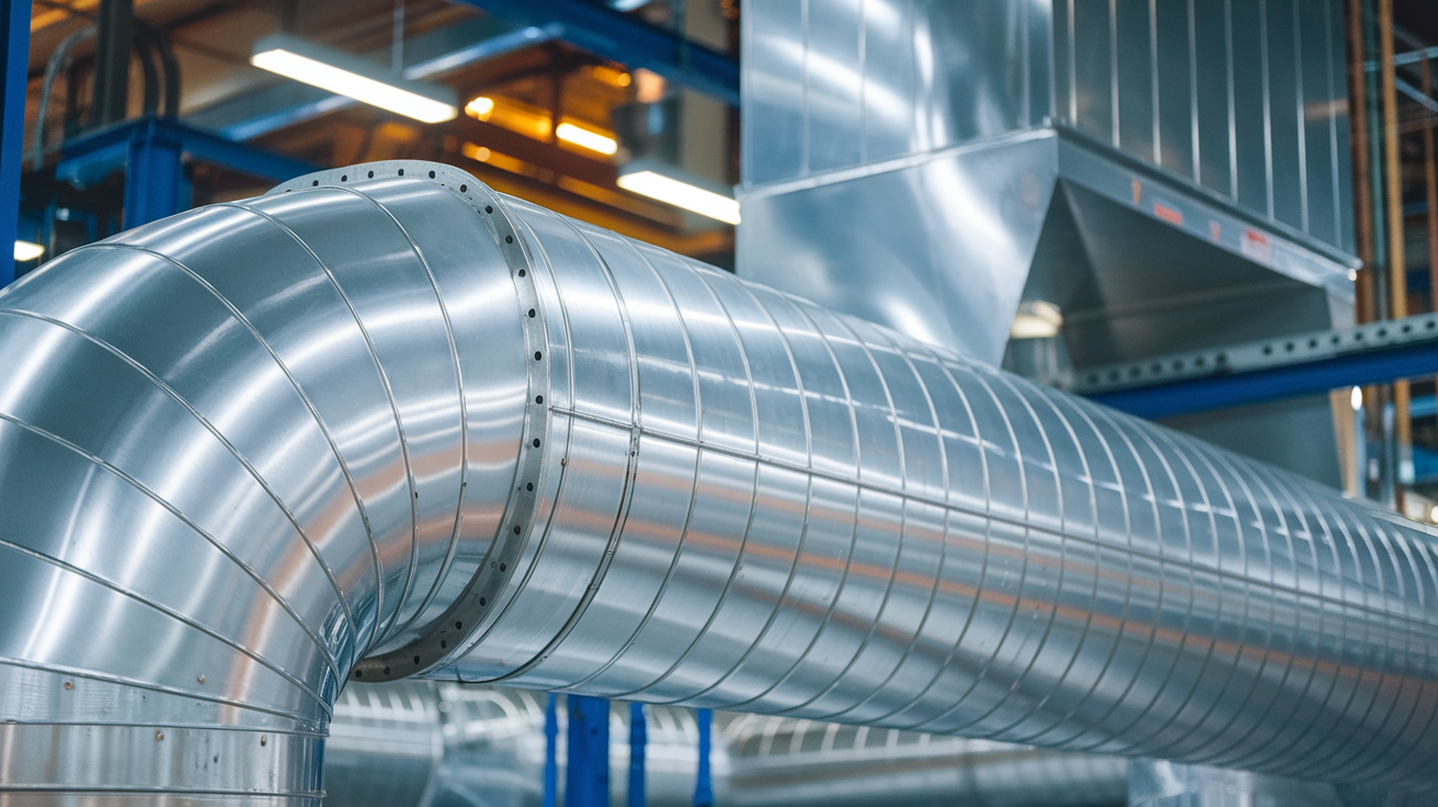 Create a realistic image of a large industrial axial fan duct made of shiny, corrosion-resistant metal, with visible anti-corrosion coating, installed in a heavy-duty HVAC system within a factory setting, showcasing its durability and resistance to harsh environments, with subtle reflections of industrial lighting on its surface.