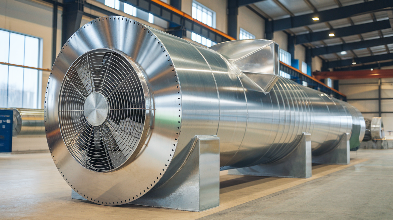 Create a realistic image of a large, shiny corrosion-resistant axial fan duct installed in an industrial HVAC system, with visible anti-corrosion coating and sturdy construction, set against the backdrop of a spacious warehouse or factory setting, showcasing its durability and effectiveness in a challenging environment.