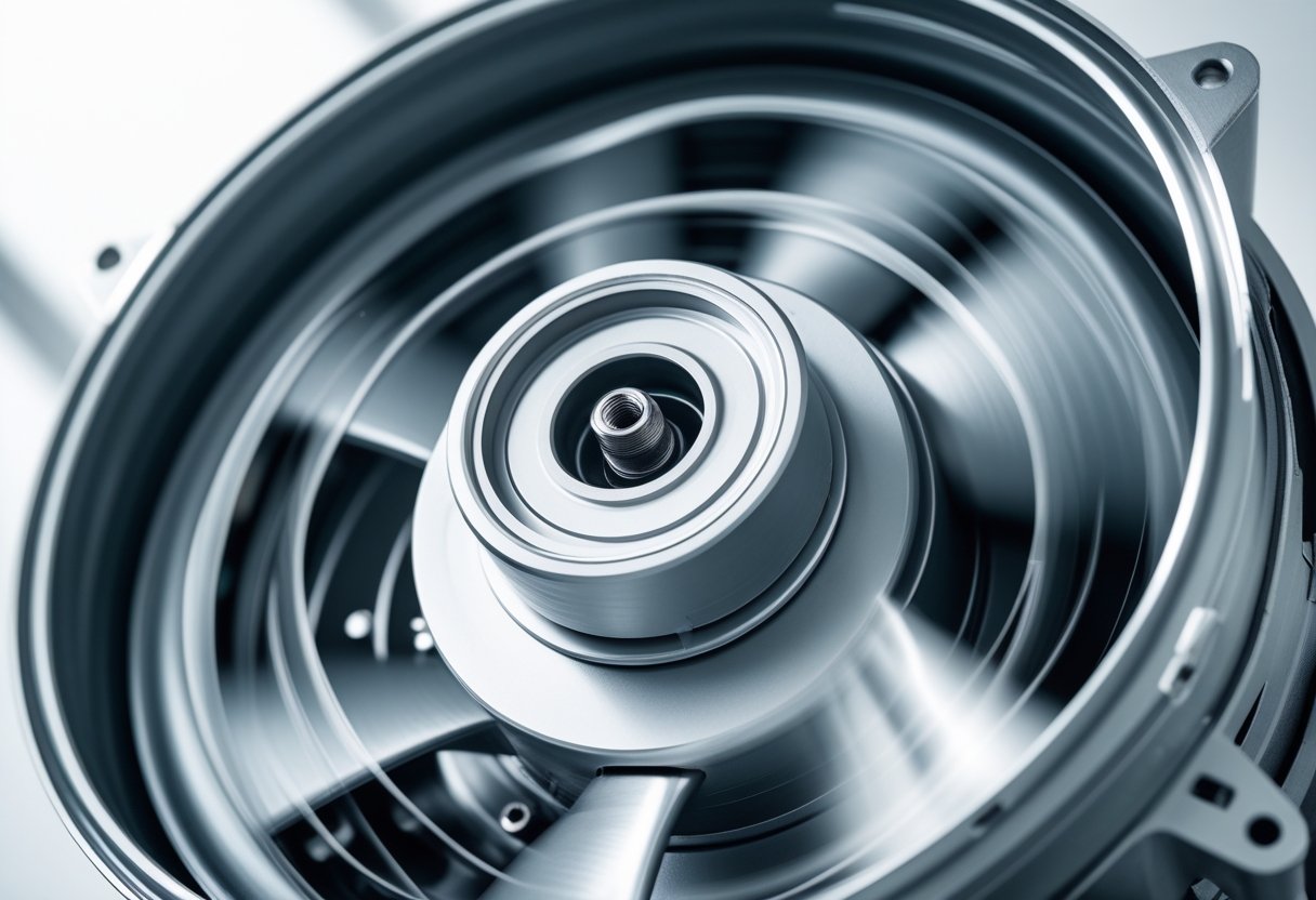 Close-up of an axial fan motor with metal blades and protective casing, shown in motion against a clean background.