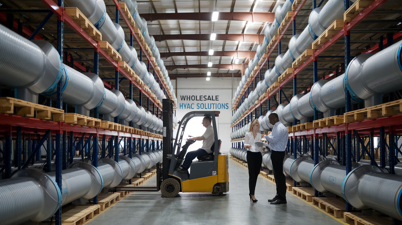 Create a realistic image of a large, industrial warehouse interior with rows of corrosion-resistant axial fan ducts stacked on metal shelving units, a forklift operated by a white male worker moving inventory, and HVAC professionals (one white female, one black male) examining product specifications, all under bright overhead lighting, with a "Wholesale HVAC Solutions" banner visible in the background.