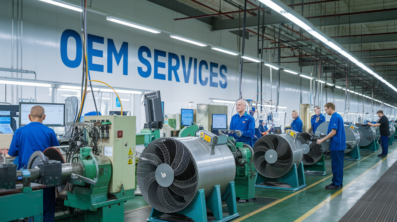 Create a realistic image of a modern factory interior with a production line of large industrial axial fans in various stages of assembly, workers in blue uniforms and safety gear operating machinery, technical blueprints and computer screens visible, bright overhead lighting, and a "OEM Services" sign prominently displayed on the wall.