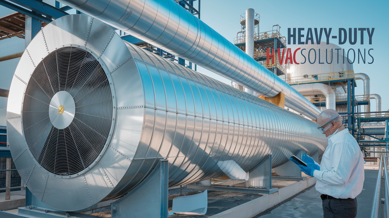 Create a realistic image of a large industrial HVAC system with a prominently featured corrosion-resistant axial fan duct made of shiny stainless steel, set against the backdrop of a chemical processing plant. The duct should have a sleek, modern design with visible anti-corrosion coatings. Include a white male technician in protective gear inspecting the duct with a tablet device. Add text overlay "Heavy-Duty HVAC Solutions" in bold industrial-style font.