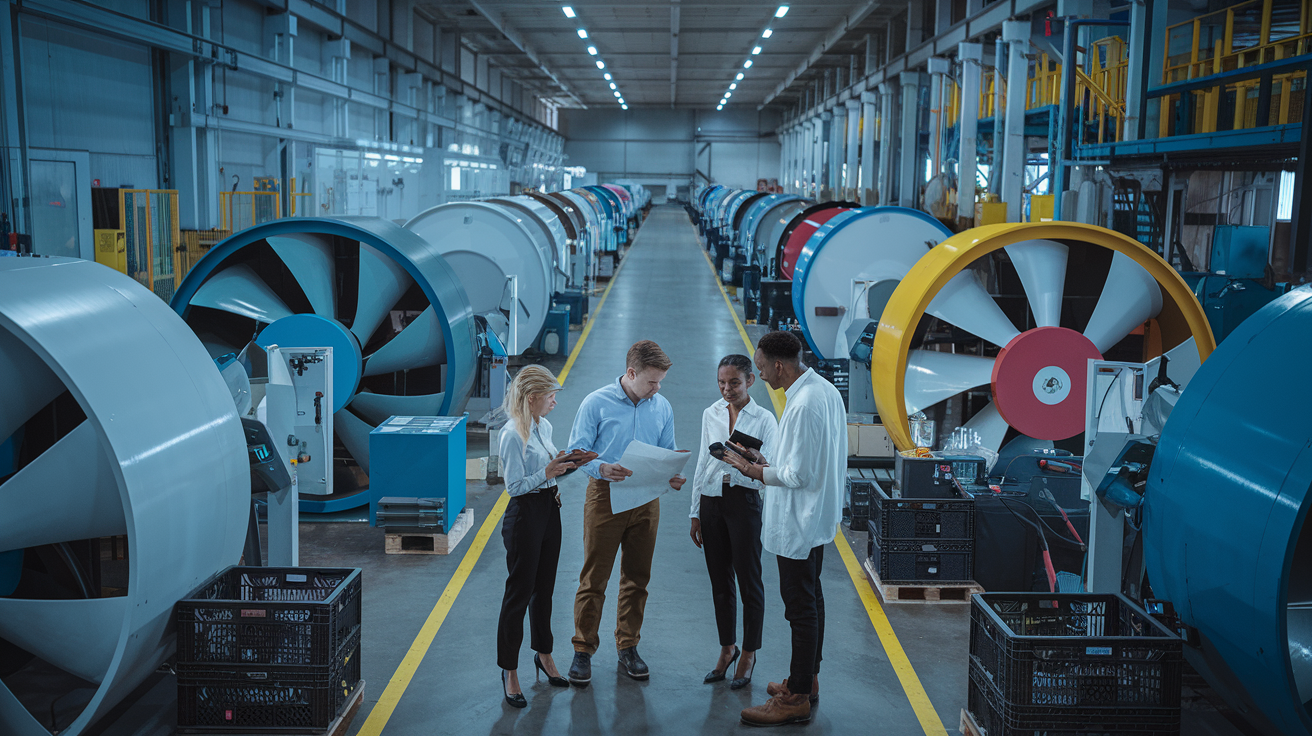 Create a realistic image of a modern industrial manufacturing facility with rows of large, custom-designed axial fans in various sizes and colors, showcasing the production line. In the foreground, a diverse team of engineers (one white male, one black female) examine technical drawings and discuss specifications. The background shows automated machinery and quality control stations. Soft, cool lighting emphasizes the high-tech environment. Include the text "Custom Axial Fan Solutions" in a subtle overlay.