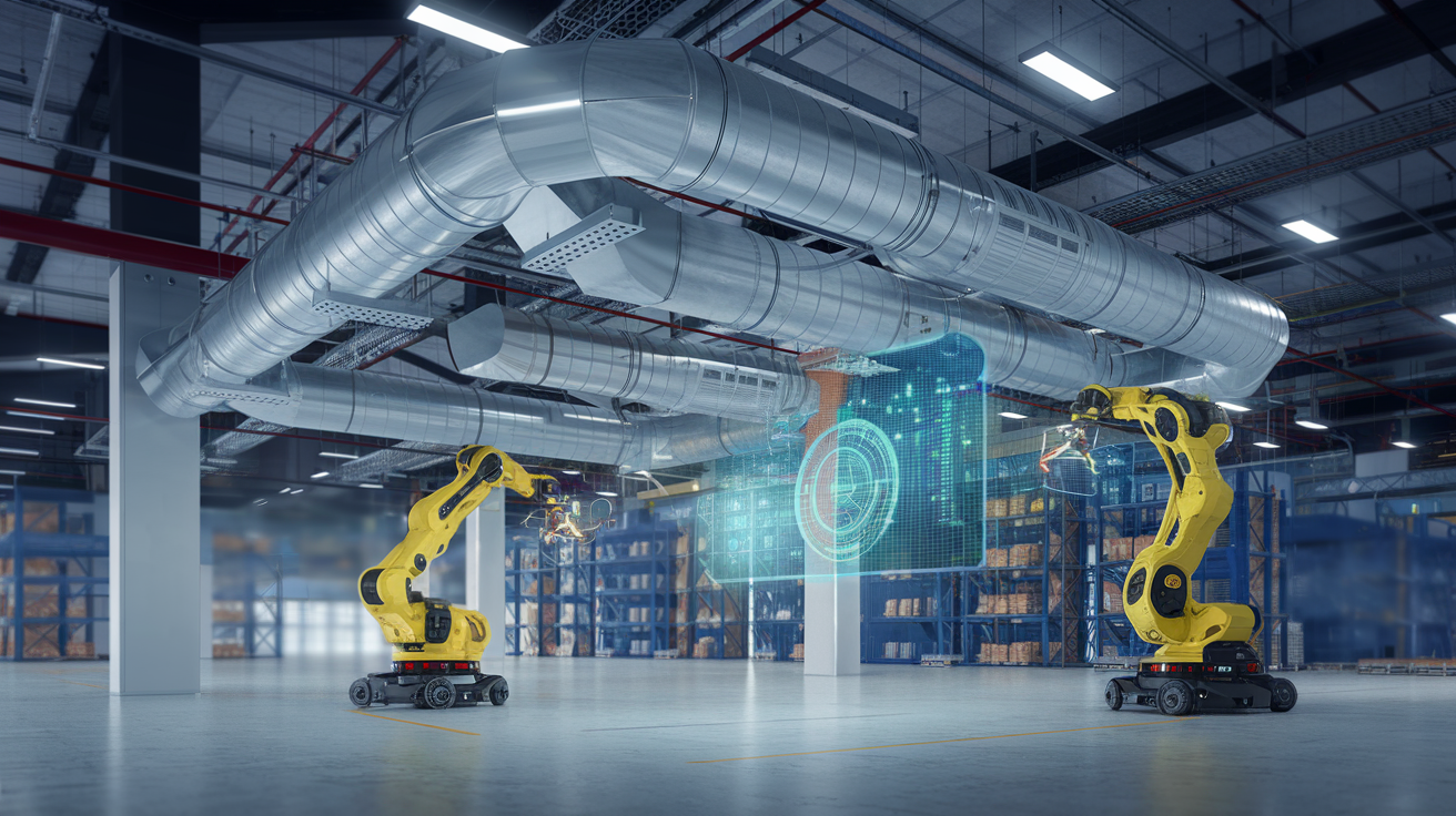 Create a realistic image of a futuristic industrial HVAC system with sleek, corrosion-resistant axial fan ducts in a large warehouse setting, featuring advanced materials like graphene-coated metals and polymer composites, with a holographic display showing real-time corrosion monitoring data, and robotic maintenance arms performing inspections on the intricate ductwork system.