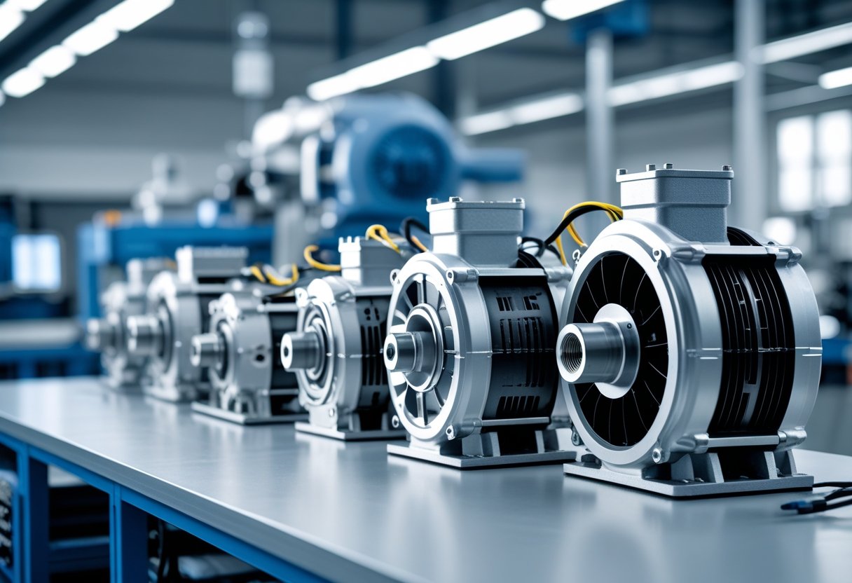 Close-up of several axial fan motors on a workbench in an industrial setting.
