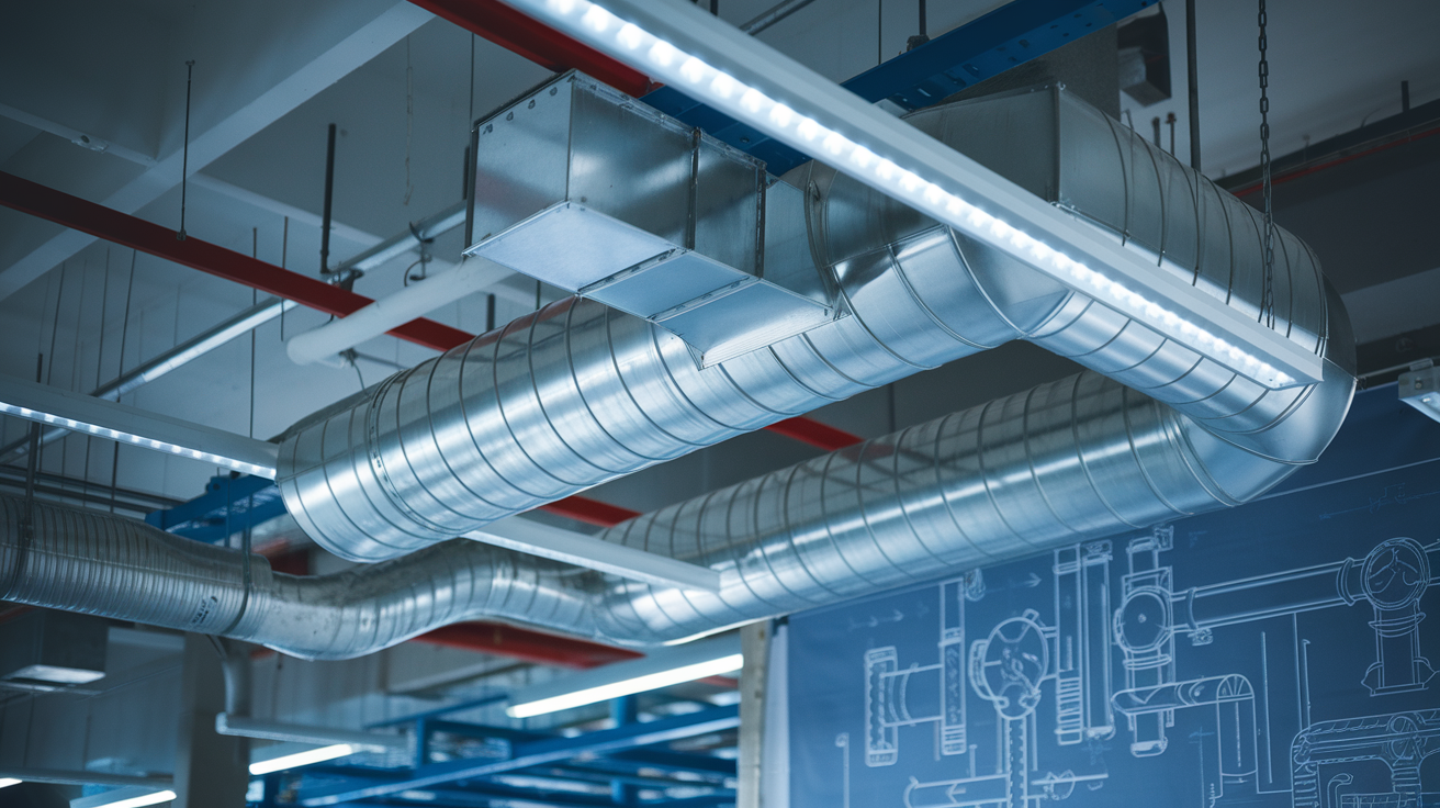 Create a realistic image of a cross-section view of a heavy-duty HVAC duct system, showcasing corrosion-resistant materials, reinforced joints, and airflow patterns indicated by subtle arrows, with a blueprint or technical drawing visible in the background, all set in an industrial manufacturing environment with cool, professional lighting.