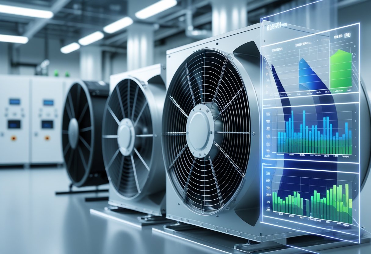 Two large fans, an axial fan and a blower fan, side by side in a clean industrial setting with digital charts showing energy efficiency and noise levels overlaid in front.
