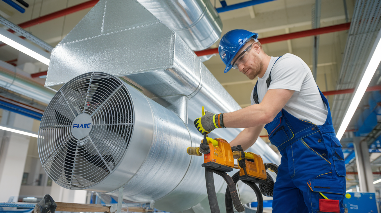 Create a realistic image of a white male technician in blue overalls installing a large, silver axial fan duct in an industrial HVAC system, using specialized tools and wearing safety gear including a hard hat and gloves, with visible corrosion-resistant coating on the duct surface, surrounded by other industrial equipment and pipes in a well-lit factory setting.